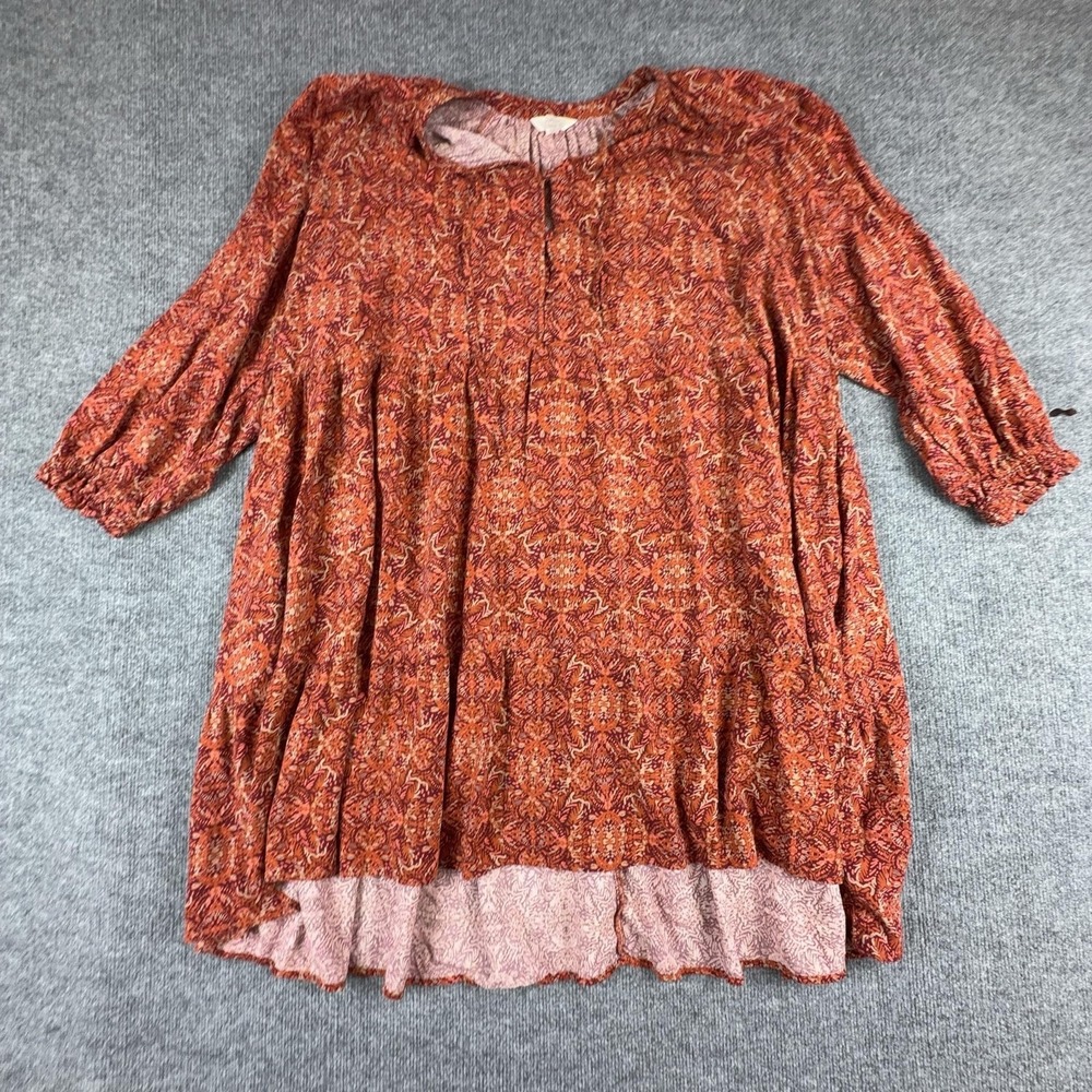 Terra & Sky Dress Womens 4X Orange Batik 3/4 Sleeve Boho Swing Rayon Knee Length